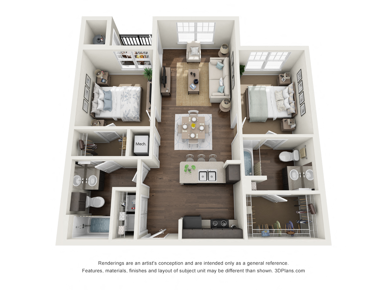 Floor plan for 2 beds, 2 baths, 919 sqft